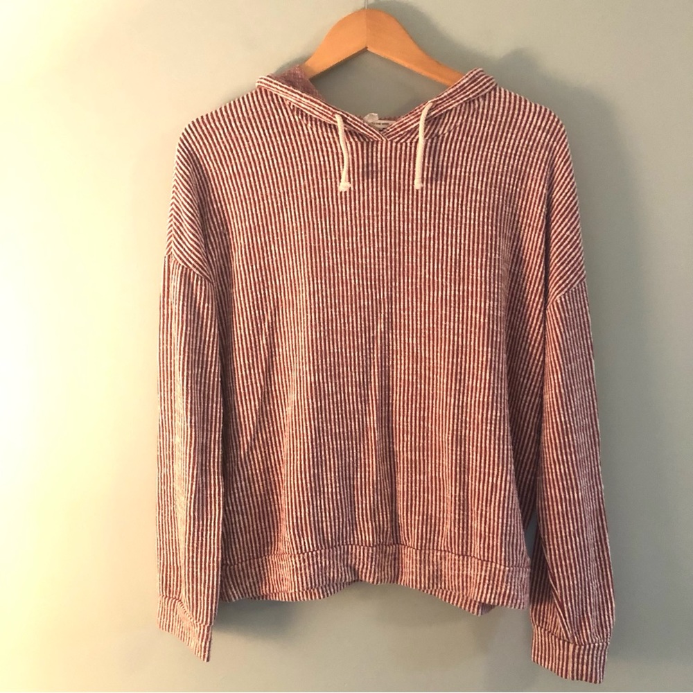 Caution to the Wind red and white striped women’s hoodie. Size large.